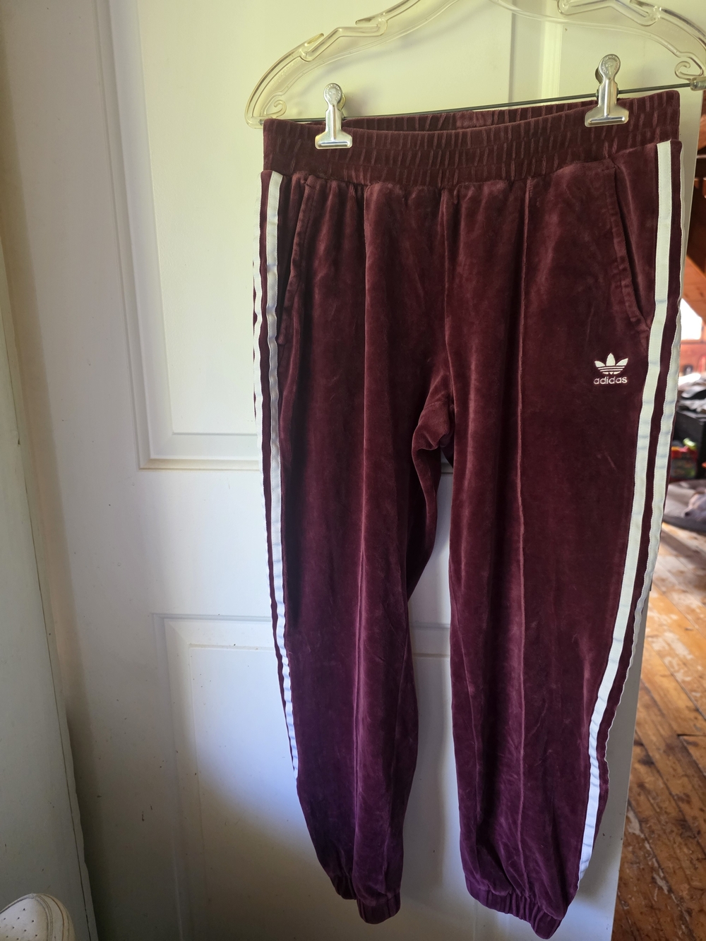Adidas Burgundy Velour Joggers with White Side Stripes